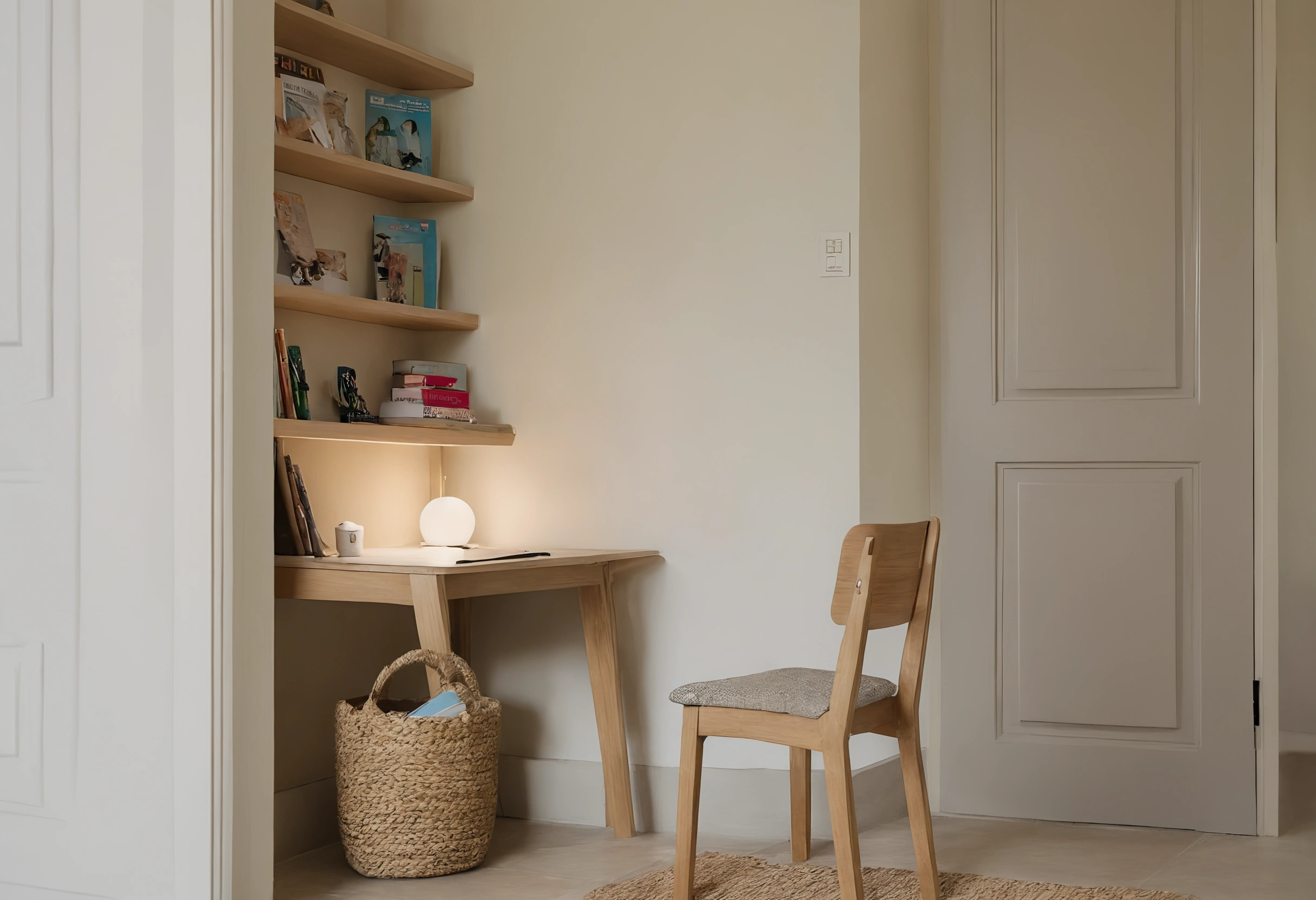 Small study nook in a townhouse with a wall-hung desk, open shelves, a desk lamp and a wooden chair beside a woven basket