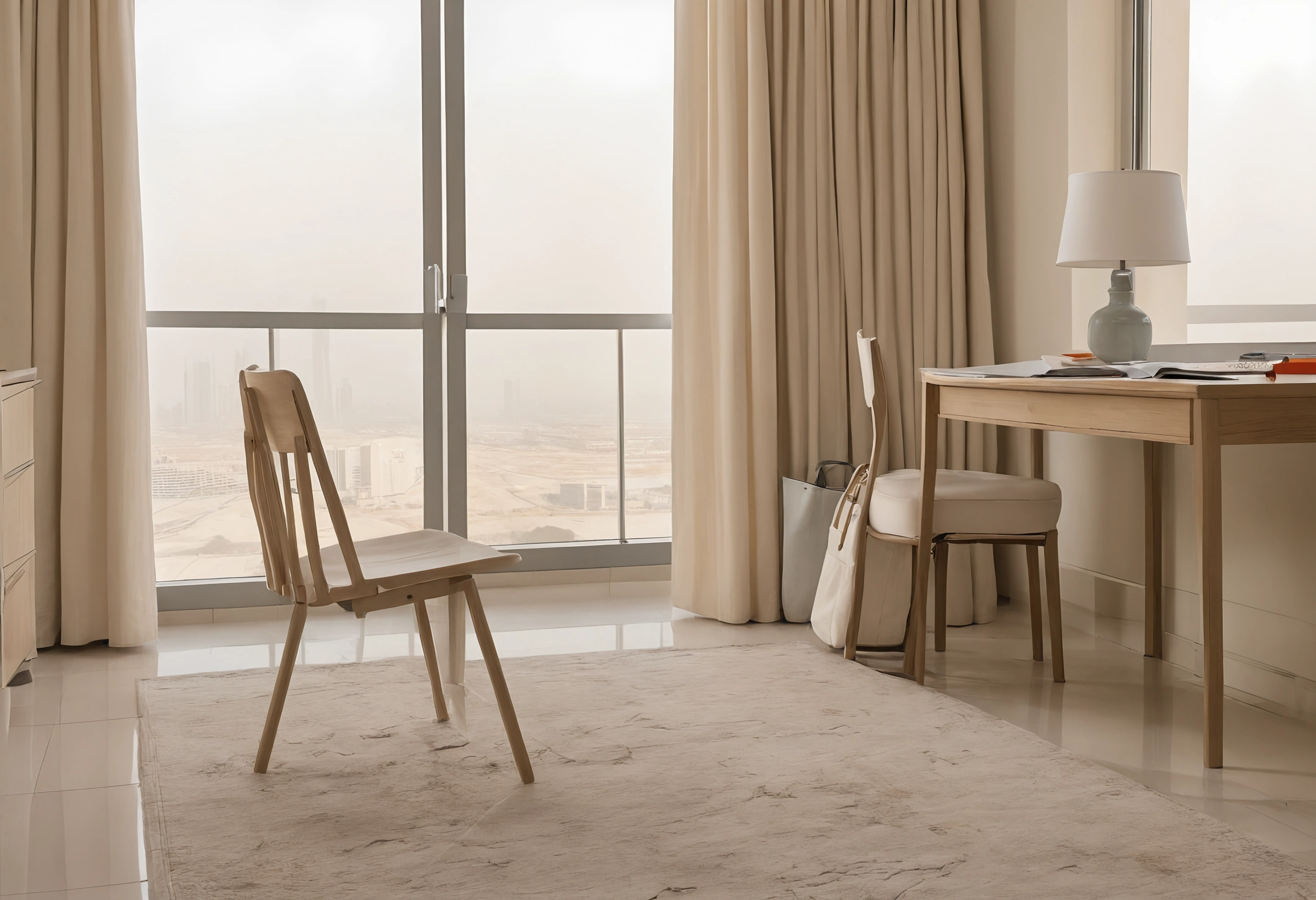 Light oak desk with a lamp and a chair set side-on to tall windows with sheer curtains in a high-rise Dubai apartment room