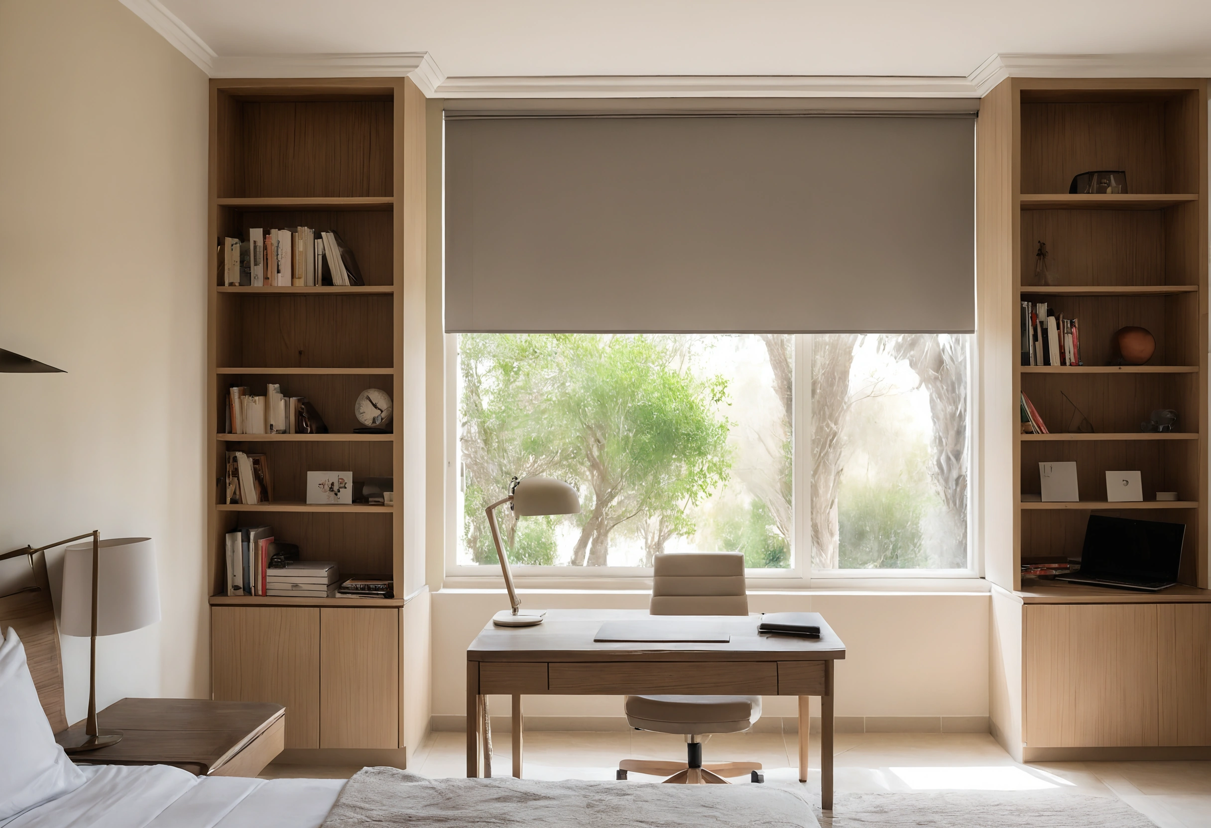 Villa bedroom study corner with a desk between built-in bookcases, a half-lowered grey roller blind and a desk lamp